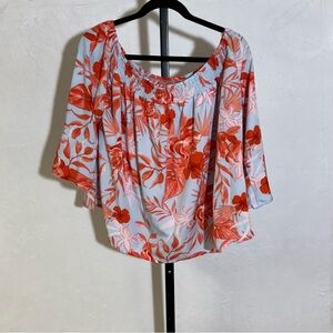 SHEIN Beautiful Off-Shoulder Large Floral Top in Coral Red and White